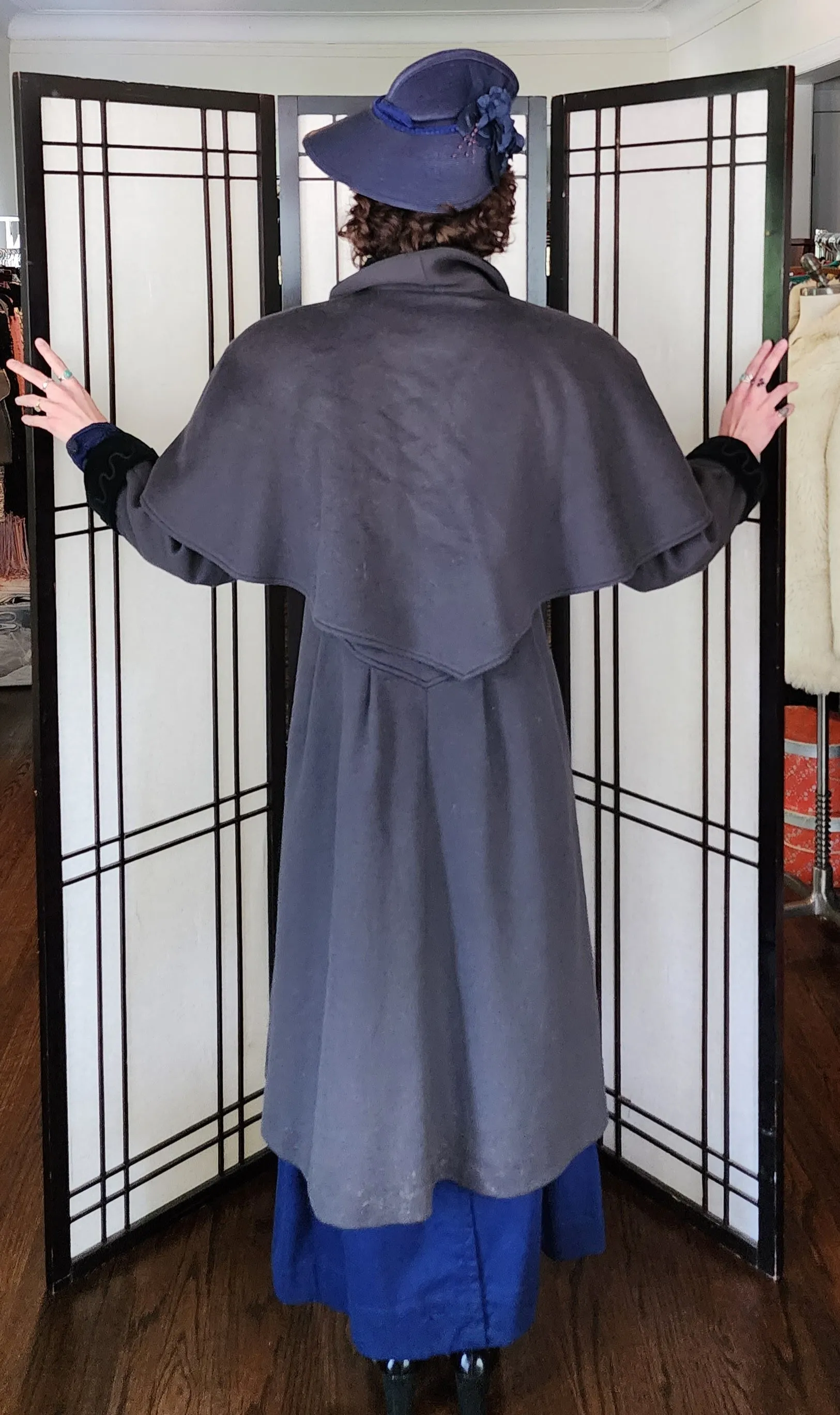 80s Gray Wool Coat w/Embroidered Velvet Collar & Shoulder Panel Charles Klein
