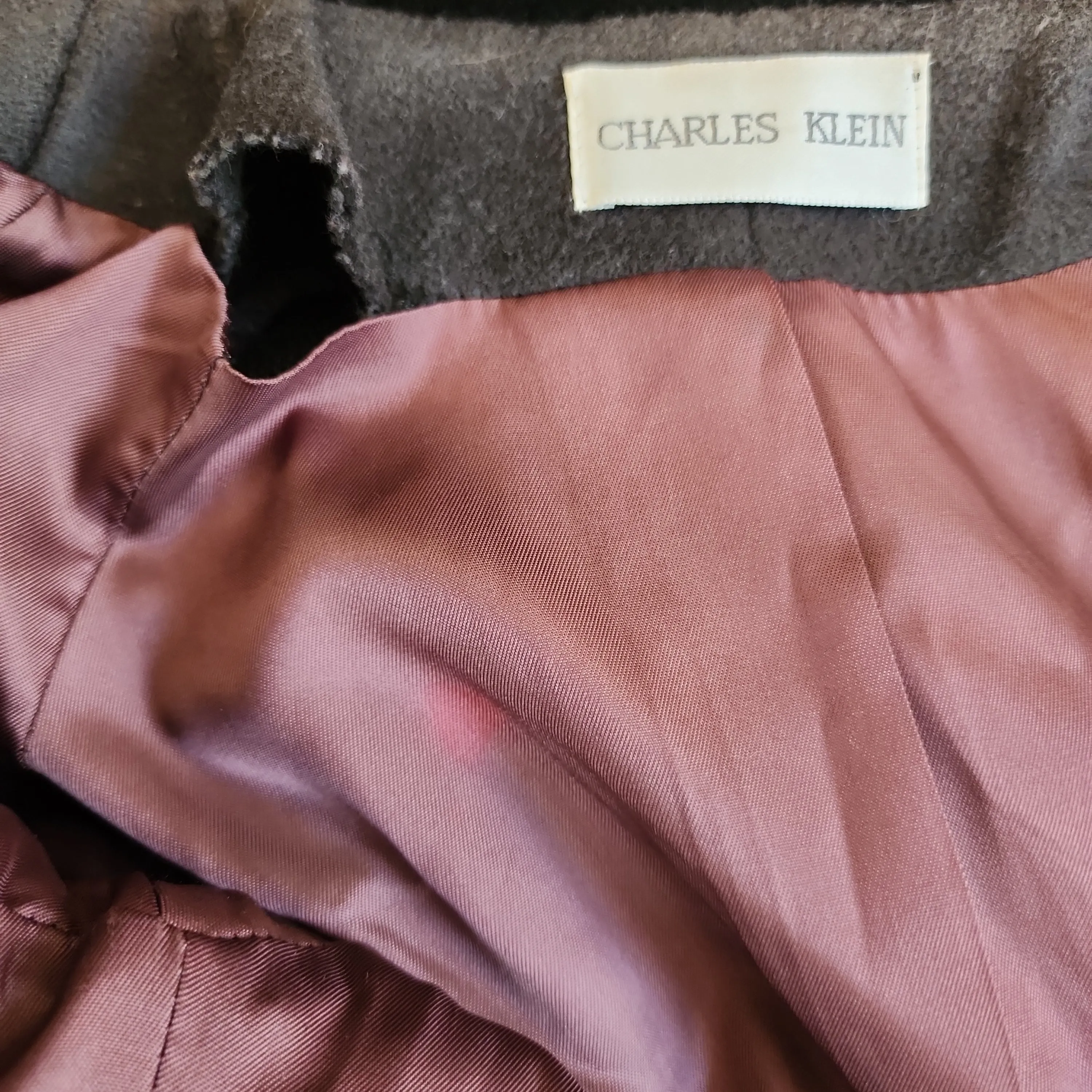 80s Gray Wool Coat w/Embroidered Velvet Collar & Shoulder Panel Charles Klein
