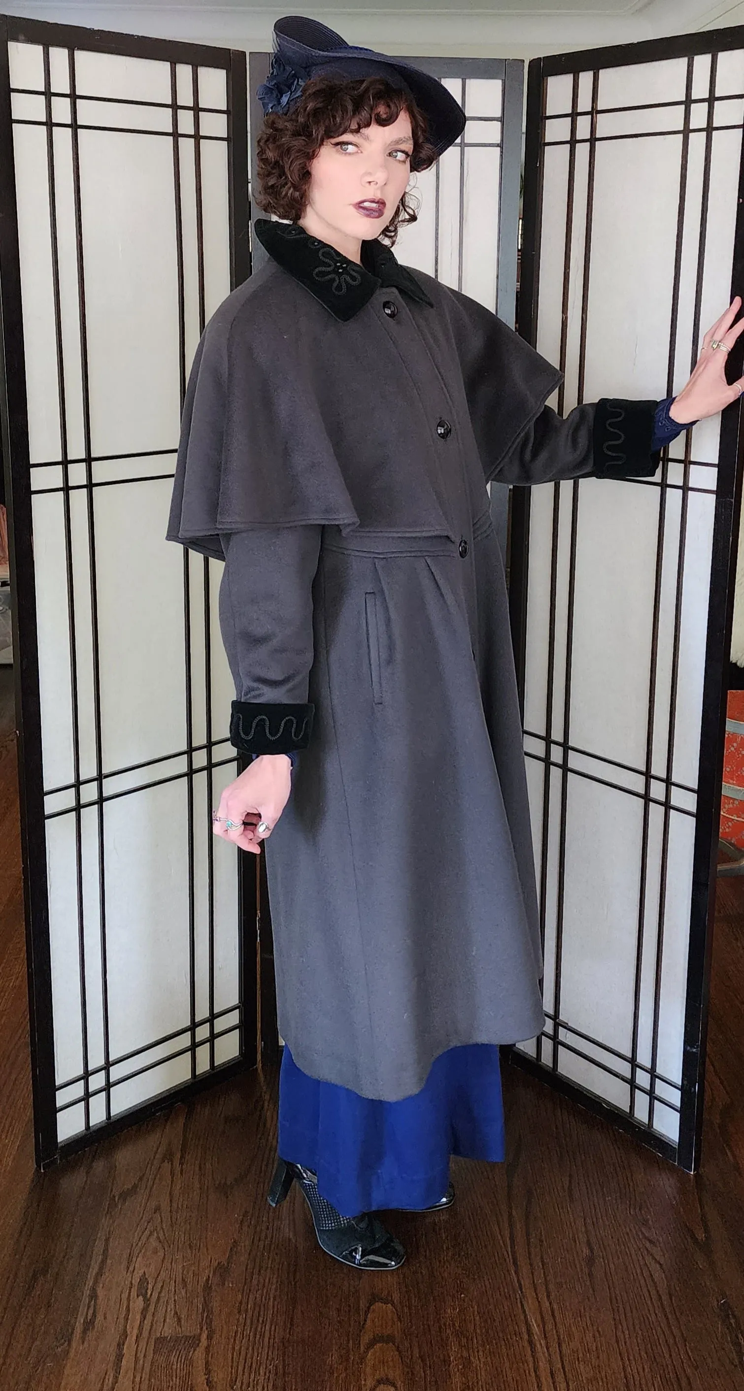 80s Gray Wool Coat w/Embroidered Velvet Collar & Shoulder Panel Charles Klein