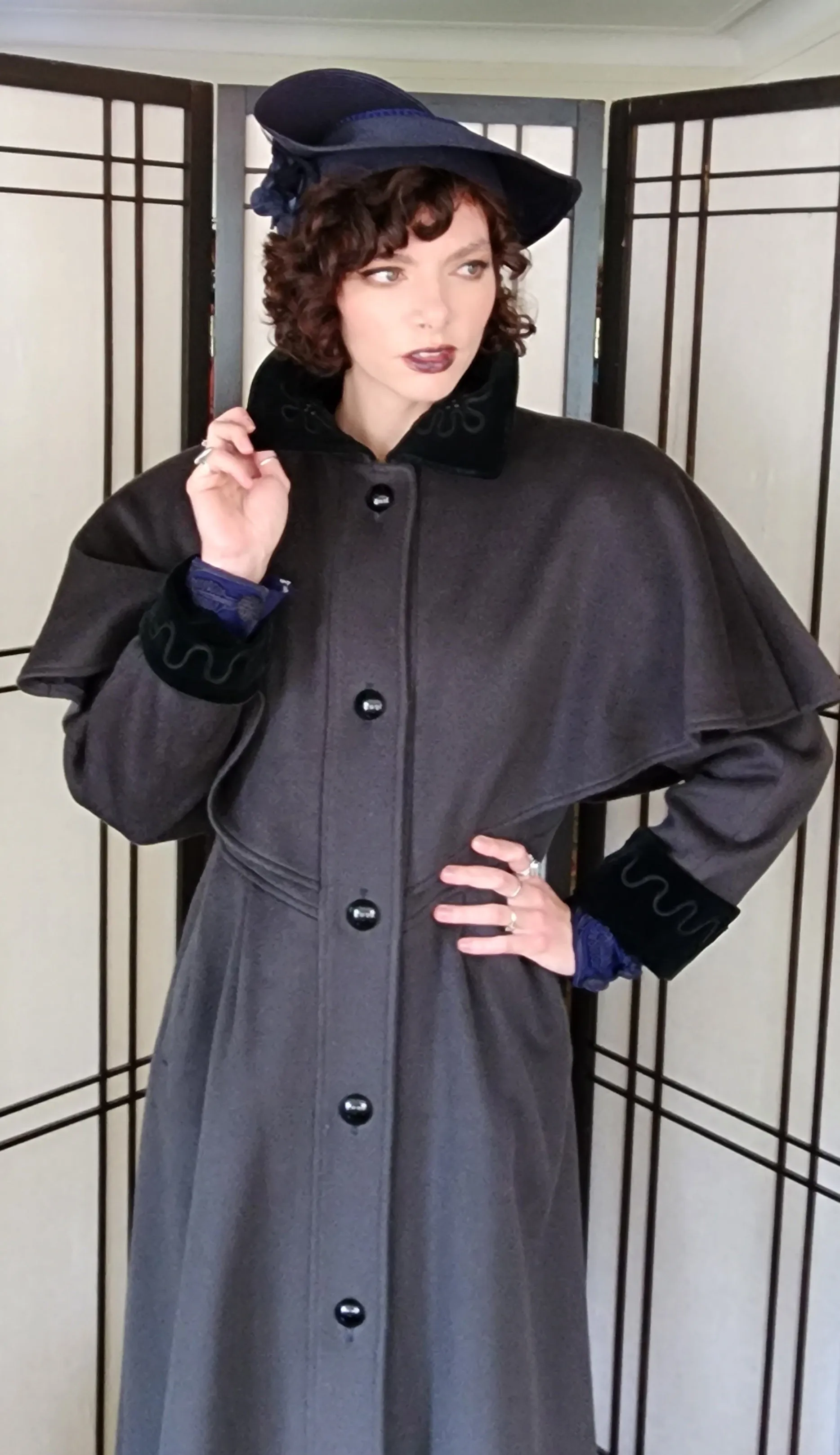 80s Gray Wool Coat w/Embroidered Velvet Collar & Shoulder Panel Charles Klein