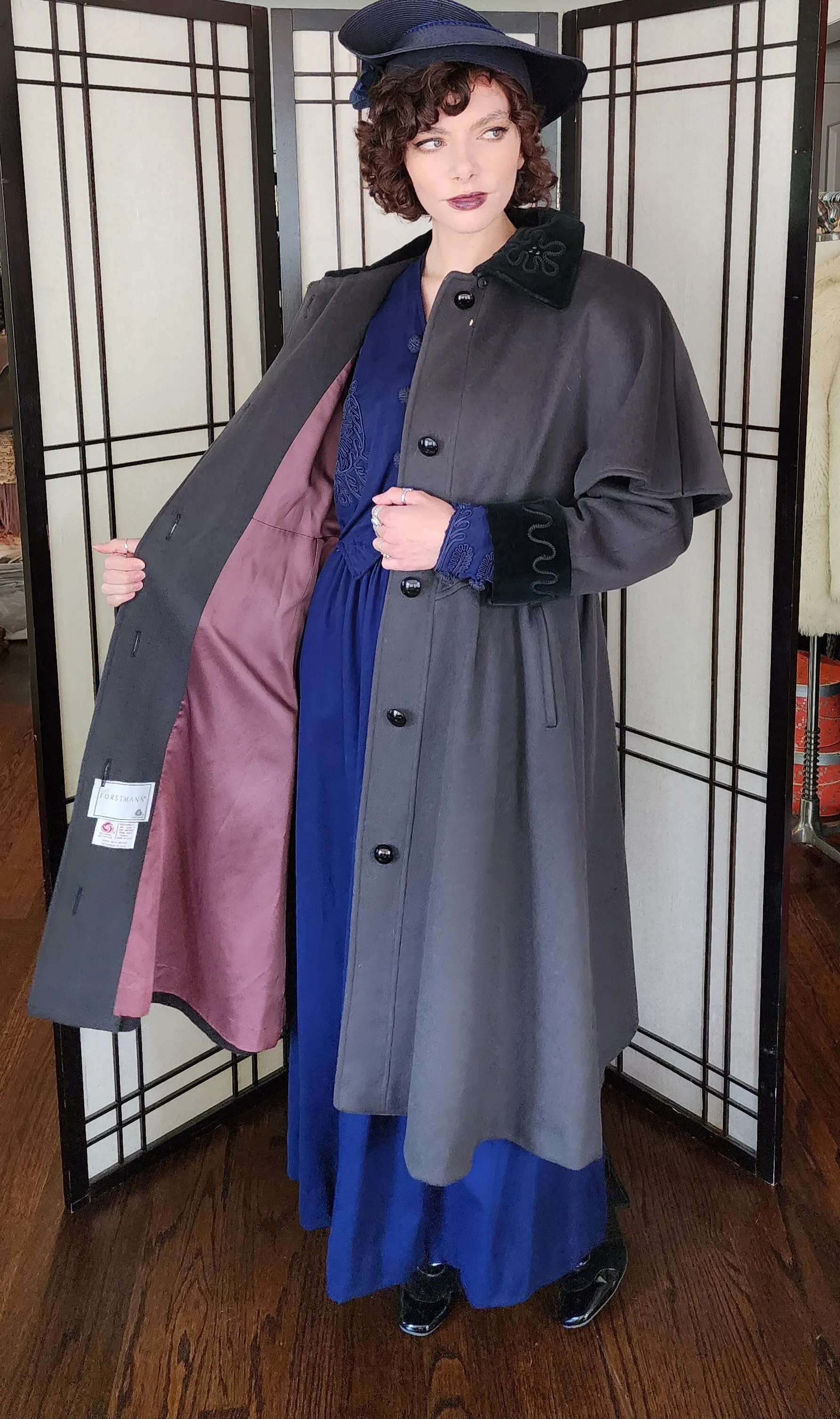 80s Gray Wool Coat w/Embroidered Velvet Collar & Shoulder Panel Charles Klein