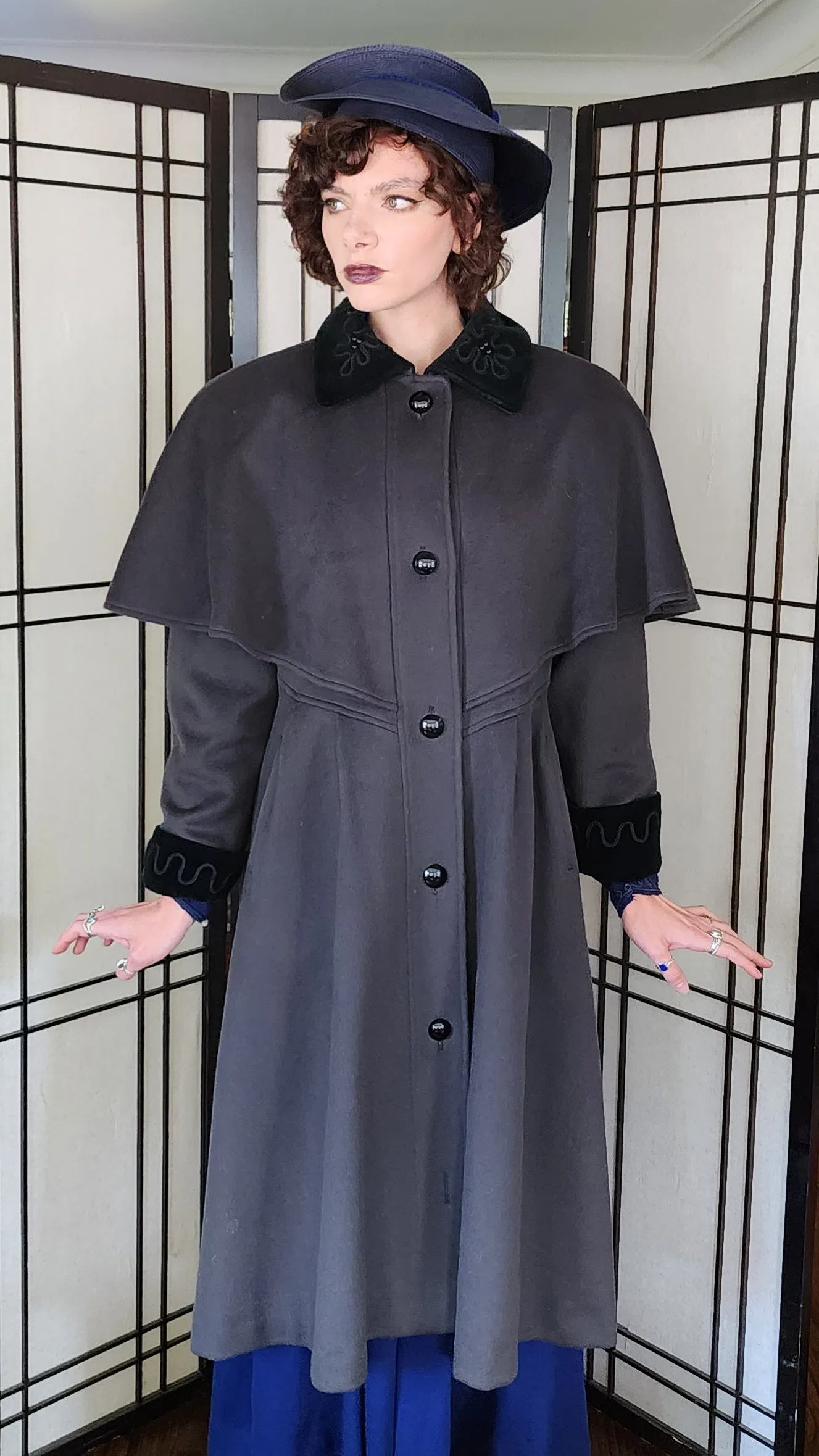 80s Gray Wool Coat w/Embroidered Velvet Collar & Shoulder Panel Charles Klein