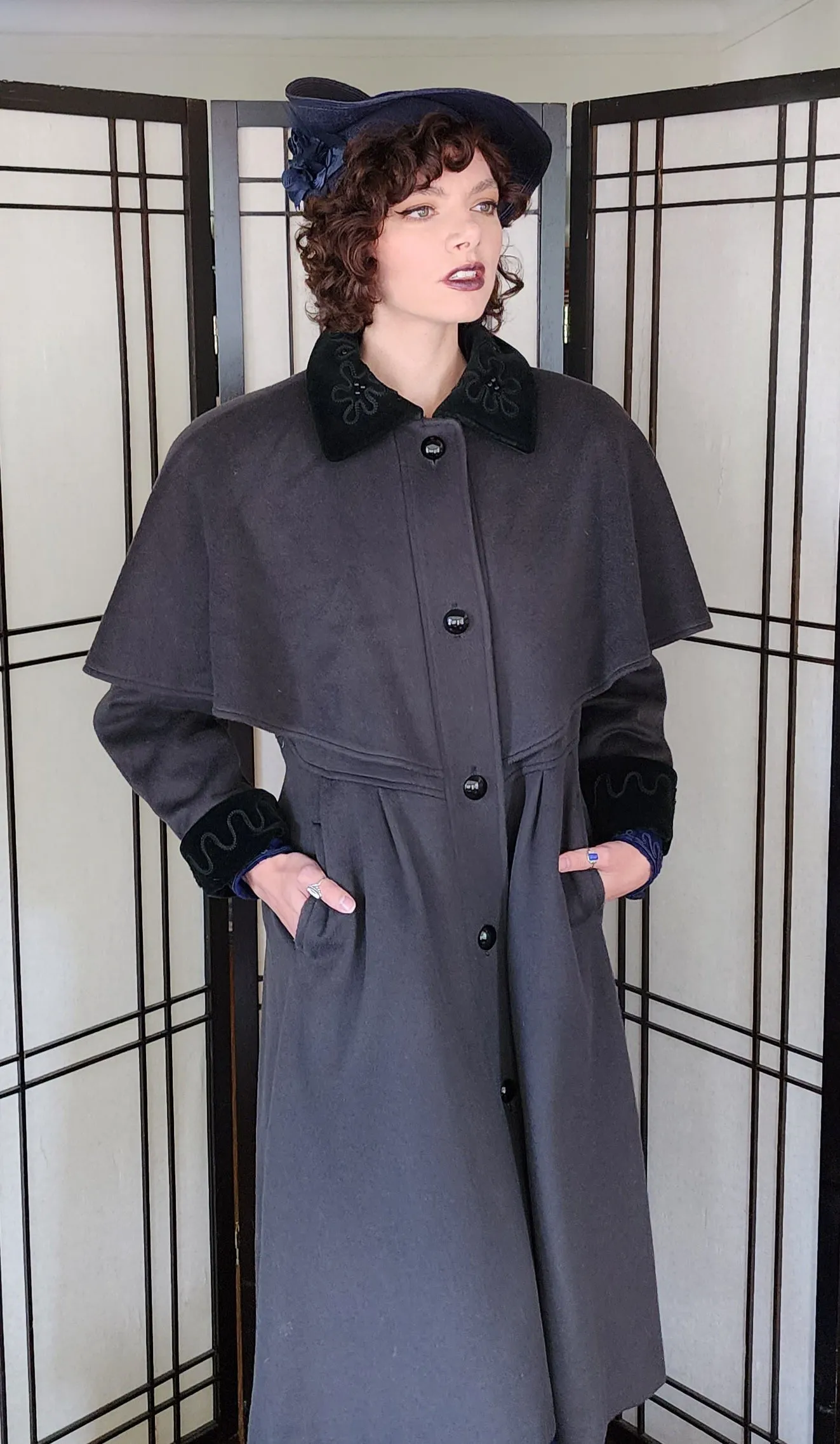 80s Gray Wool Coat w/Embroidered Velvet Collar & Shoulder Panel Charles Klein