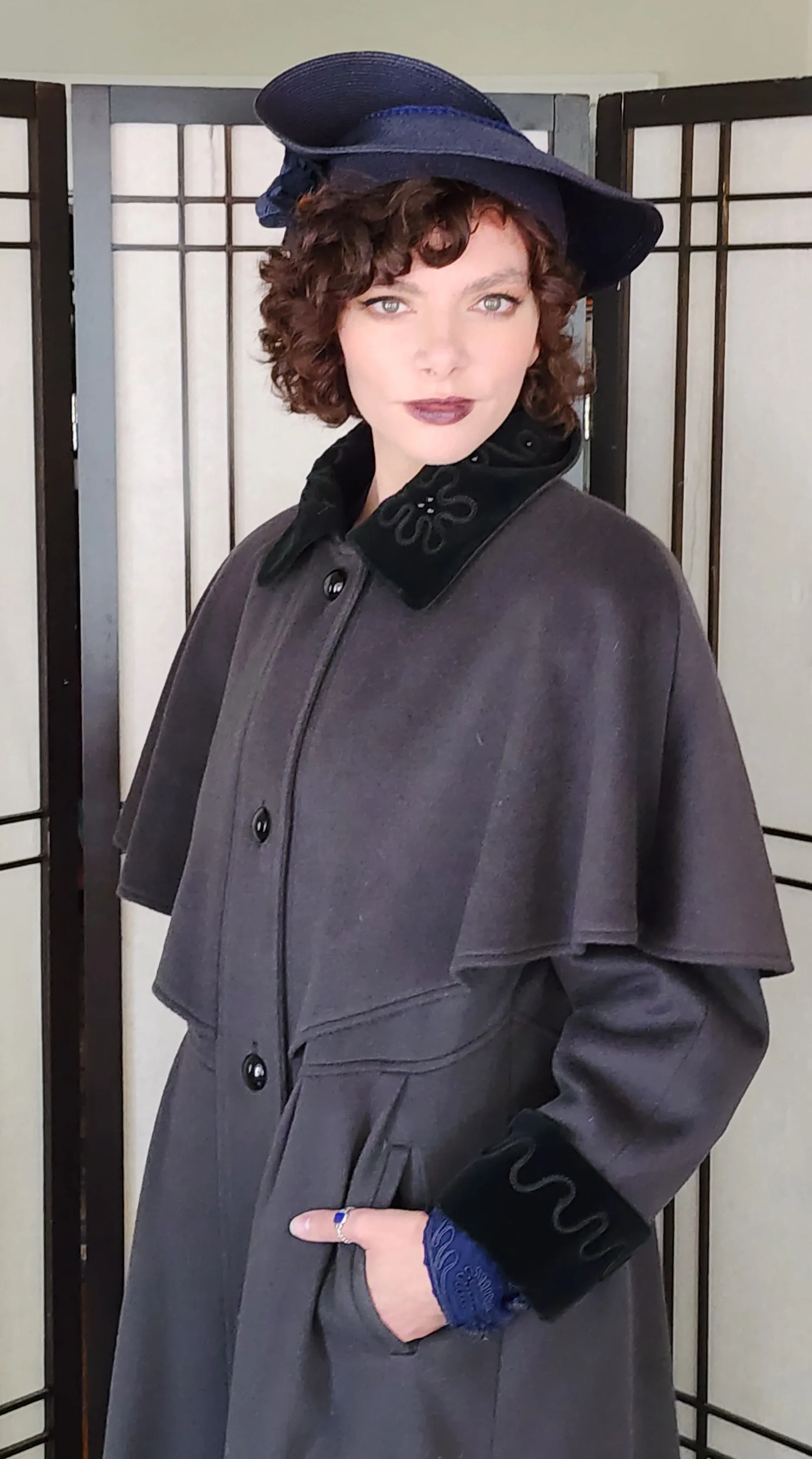80s Gray Wool Coat w/Embroidered Velvet Collar & Shoulder Panel Charles Klein