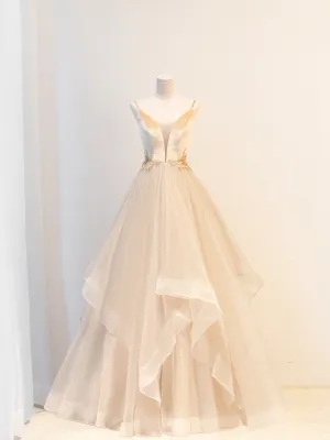A-Line Champagne V neck Tulle Long Prom Dress, Champagne Long Formal Dress