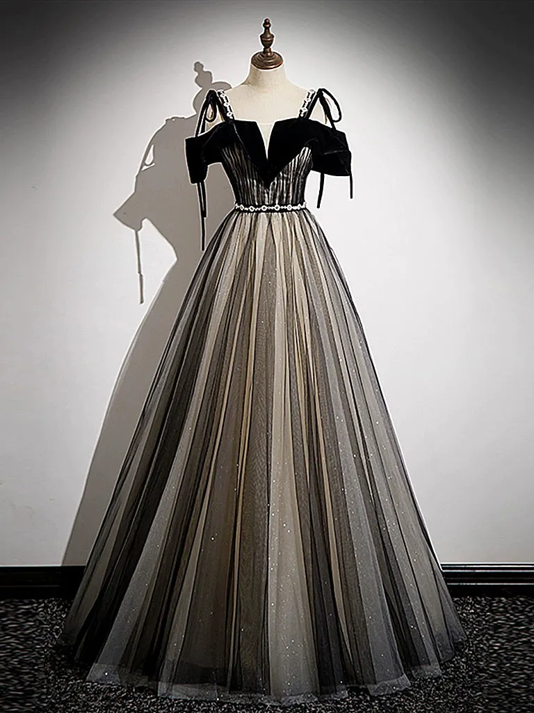 A-Line Off Shoulder Tulle Black Long Prom Dress, Black Formal Dress