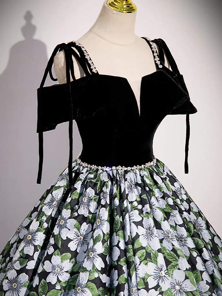 A-Line Off Shoulder Velvet Satin Long Prom Dress, Black Long Formal Dress