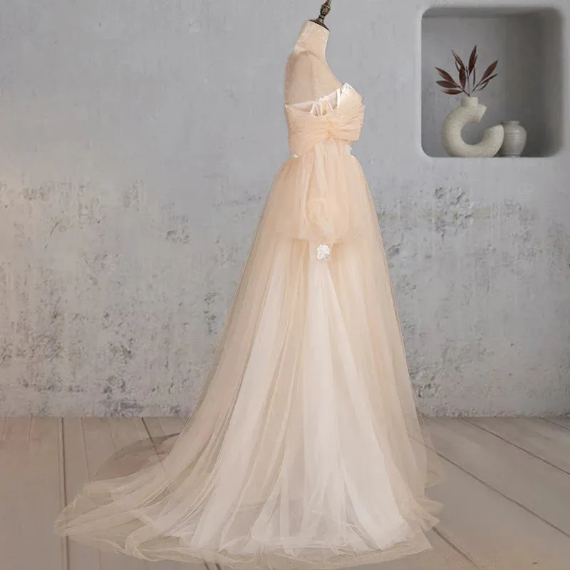 A-Line Off-the-Shoulder Long Sleeve Champagne Wedding Dress