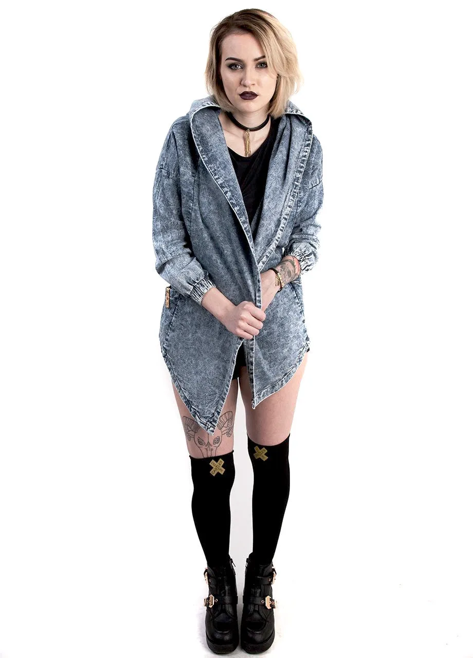 Acid Wash Hooded Oversized Denim Anorak Jacket