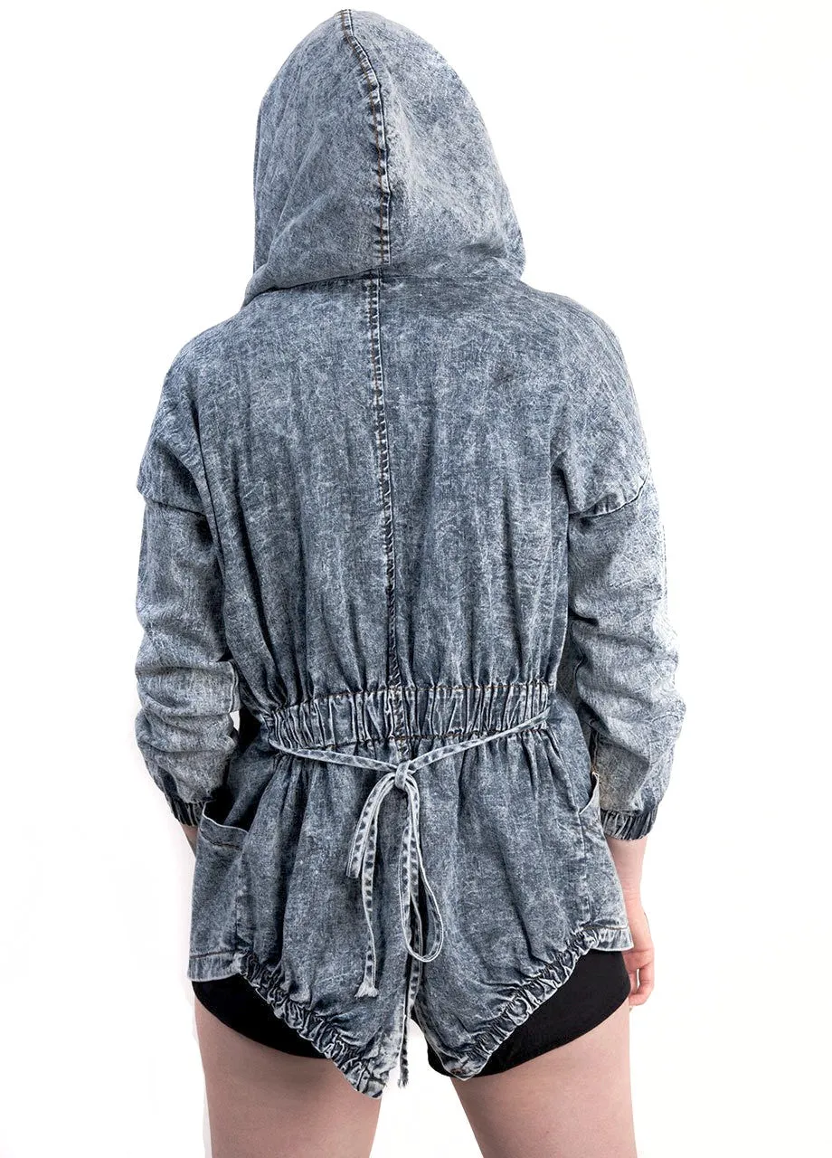Acid Wash Hooded Oversized Denim Anorak Jacket