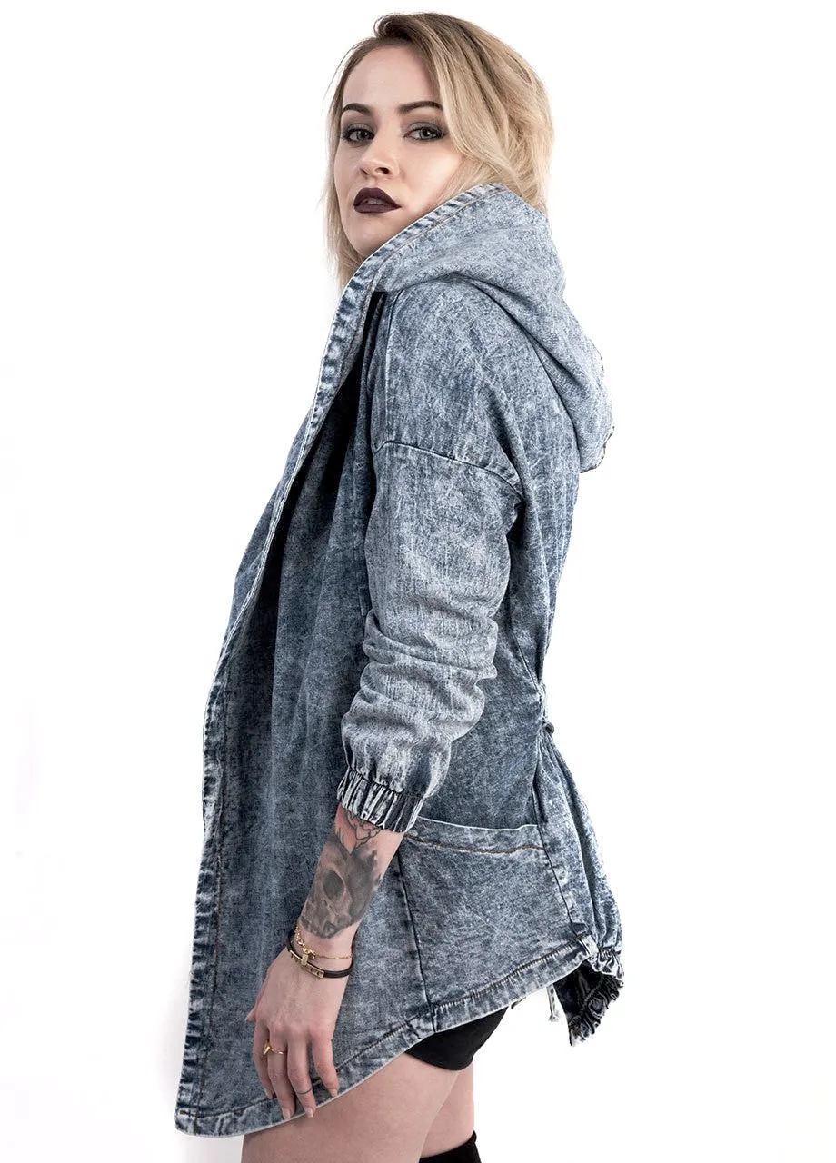 Acid Wash Hooded Oversized Denim Anorak Jacket