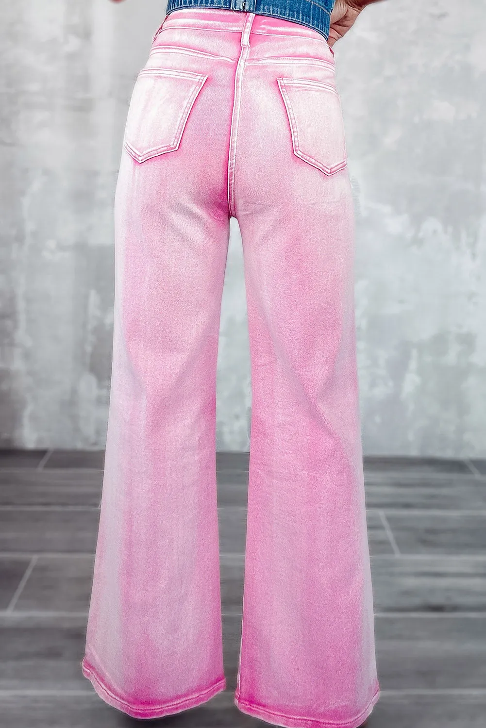 Barbie Style  Pink Rhinestone Cutout Wide Leg Jeans