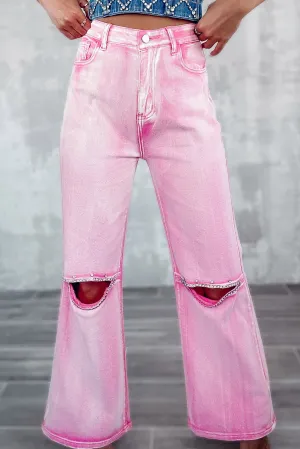 Barbie Style  Pink Rhinestone Cutout Wide Leg Jeans