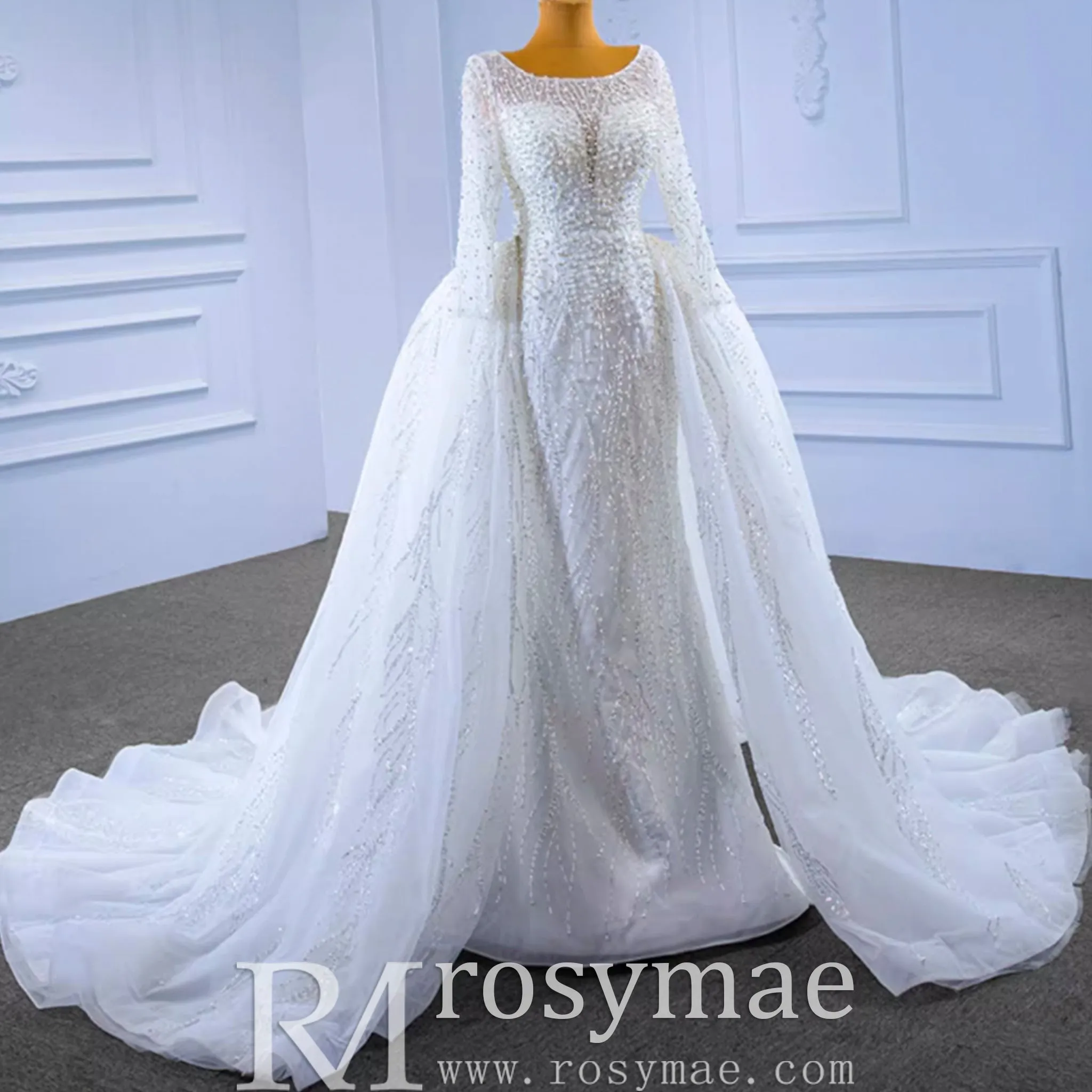 Beading Long Sleeve Wedding Dress with Detachable Skirt