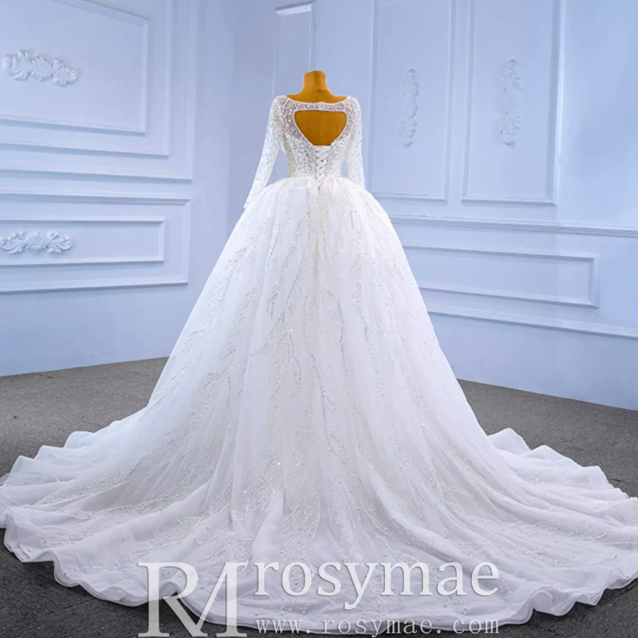 Beading Long Sleeve Wedding Dress with Detachable Skirt