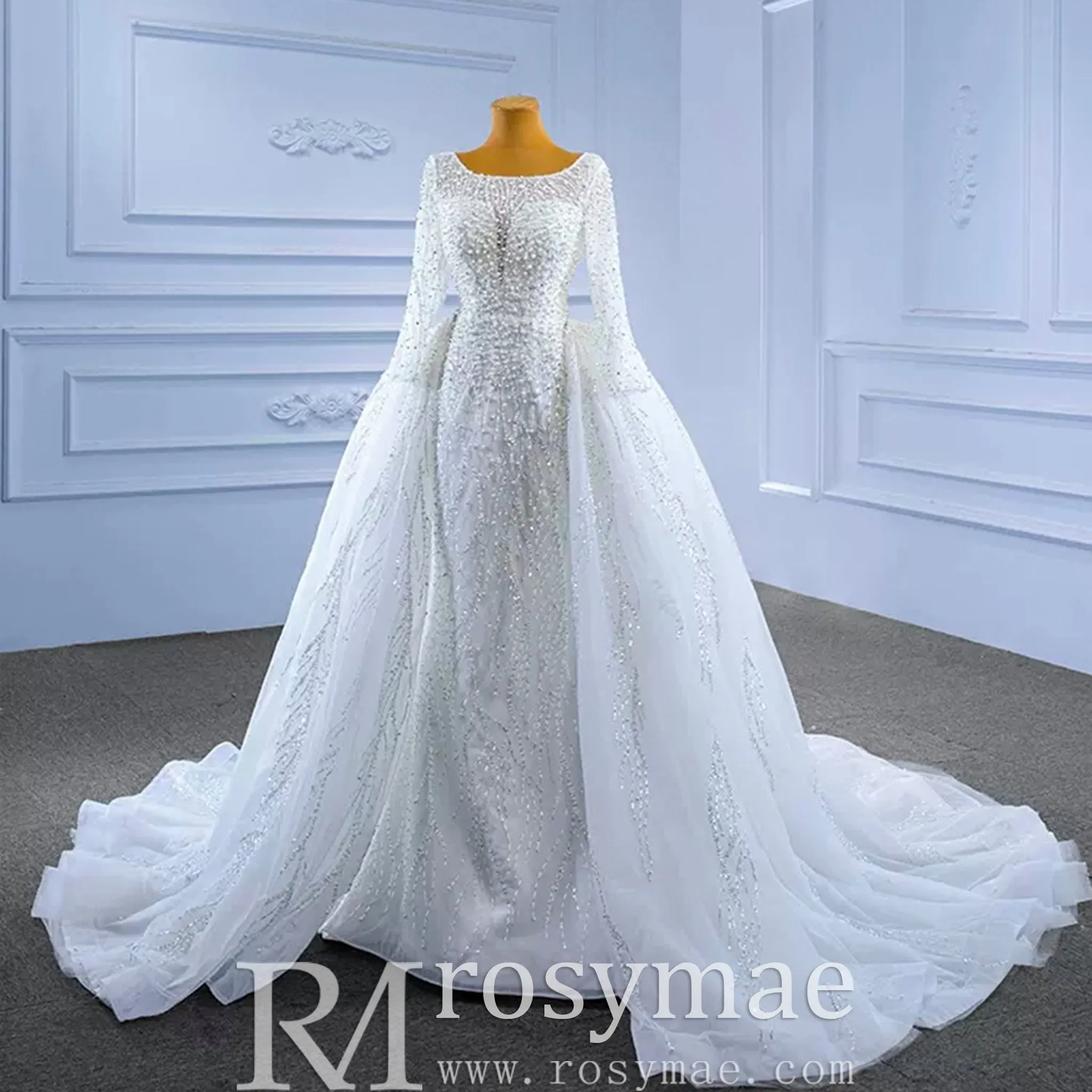 Beading Long Sleeve Wedding Dress with Detachable Skirt