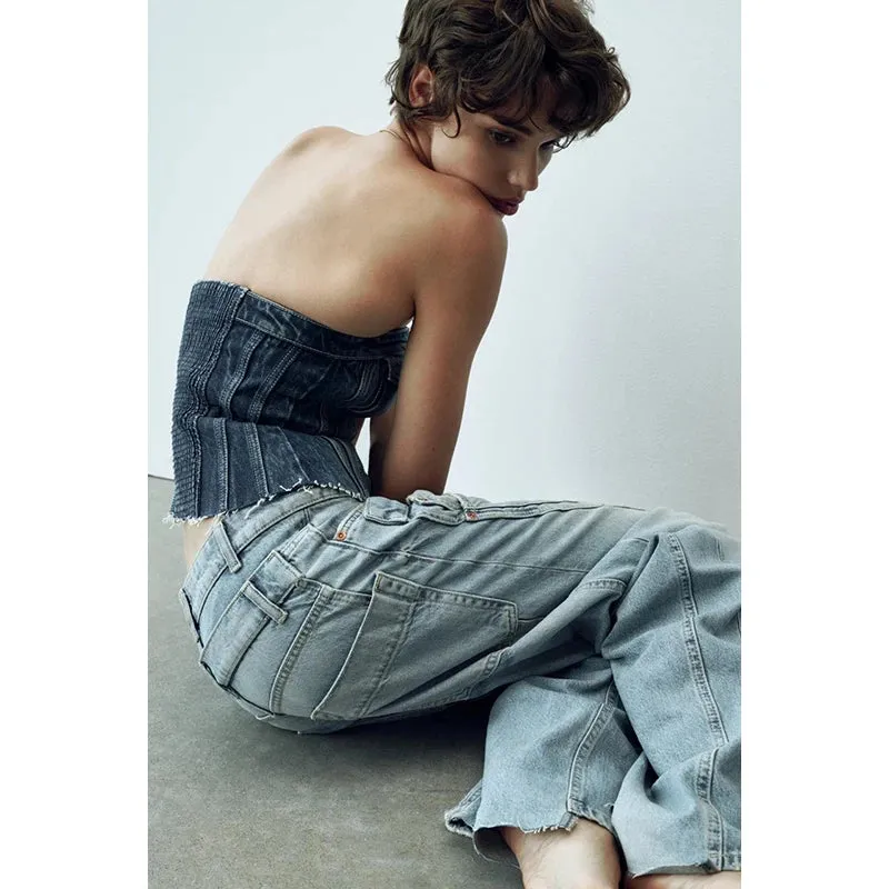 Belt Patchwork Wide Leg Pants