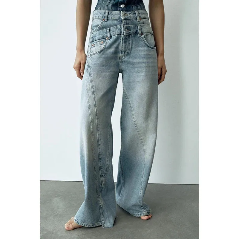 Belt Patchwork Wide Leg Pants