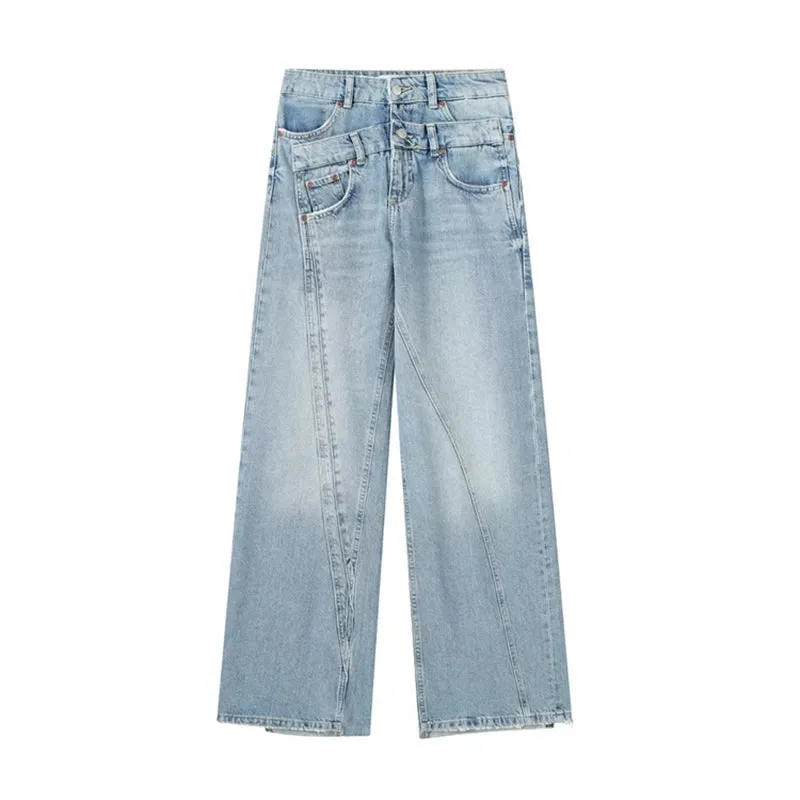 Belt Patchwork Wide Leg Pants