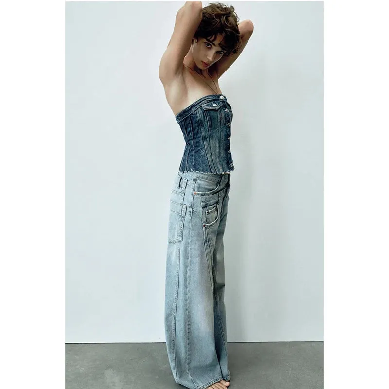 Belt Patchwork Wide Leg Pants