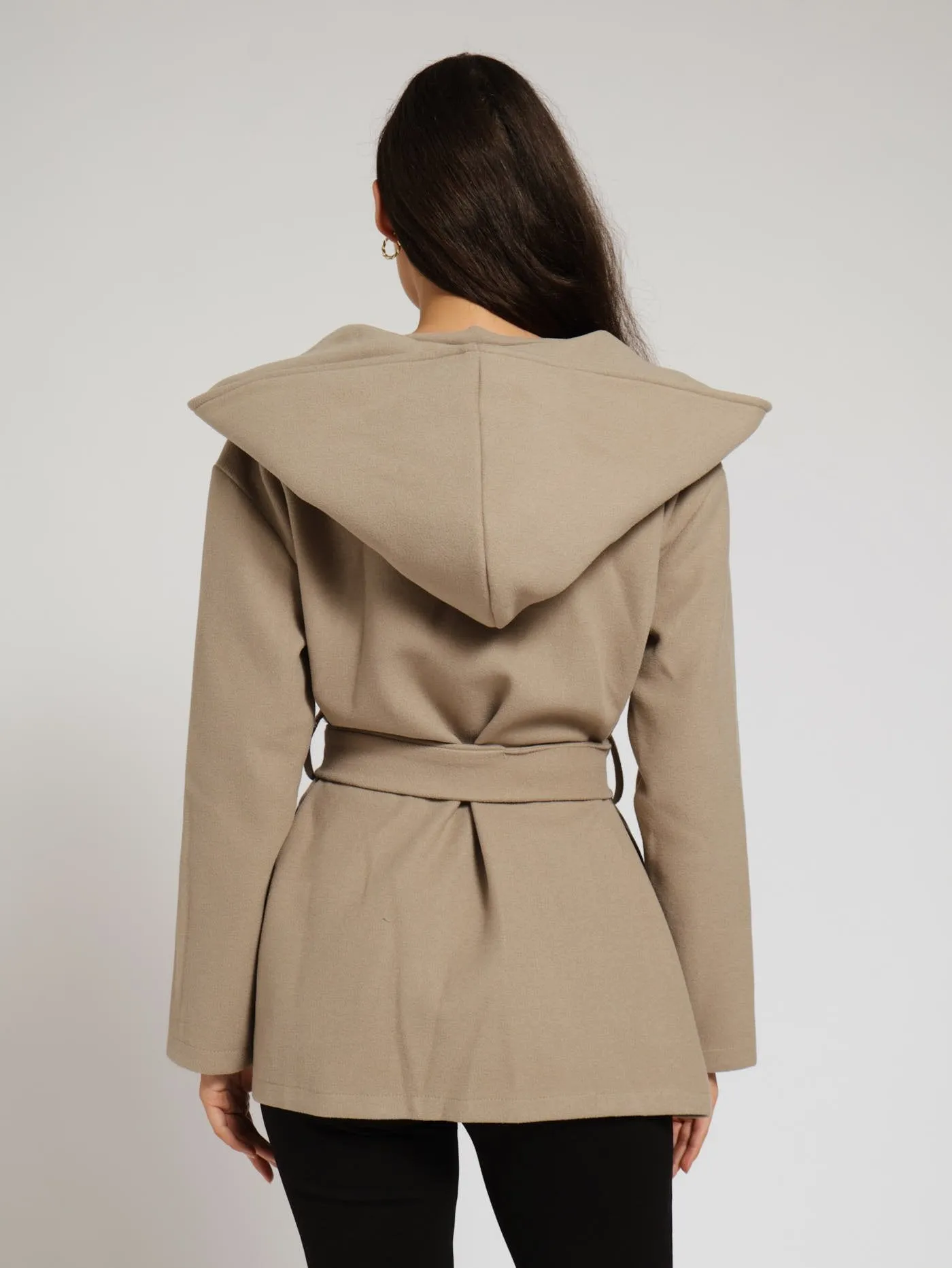 Belted Hooded Melton Jacket - Oatmeal