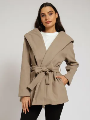 Belted Hooded Melton Jacket - Oatmeal