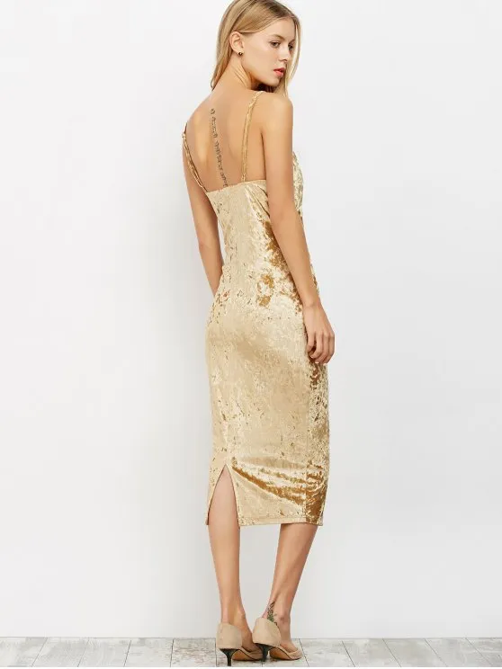 BerryBetty - Cute Strappy Crushed Velvet Midi Pencil Dress