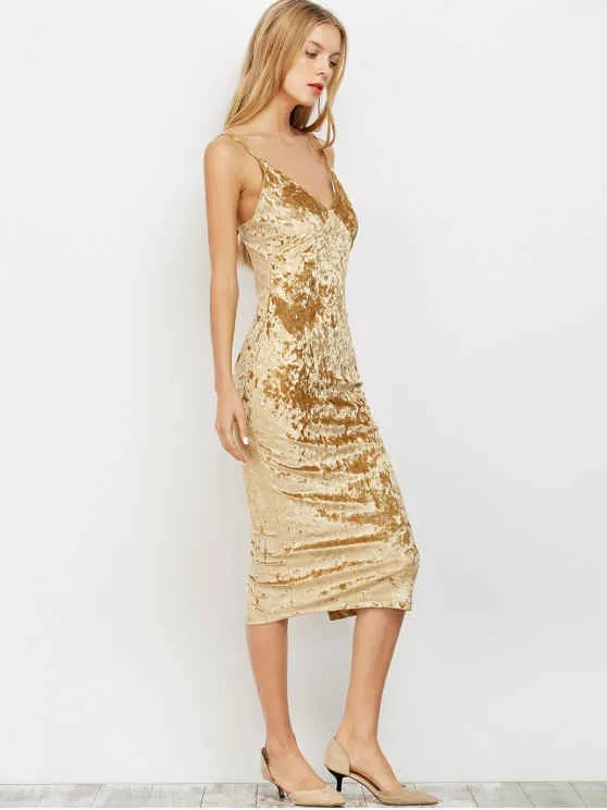 BerryBetty - Cute Strappy Crushed Velvet Midi Pencil Dress