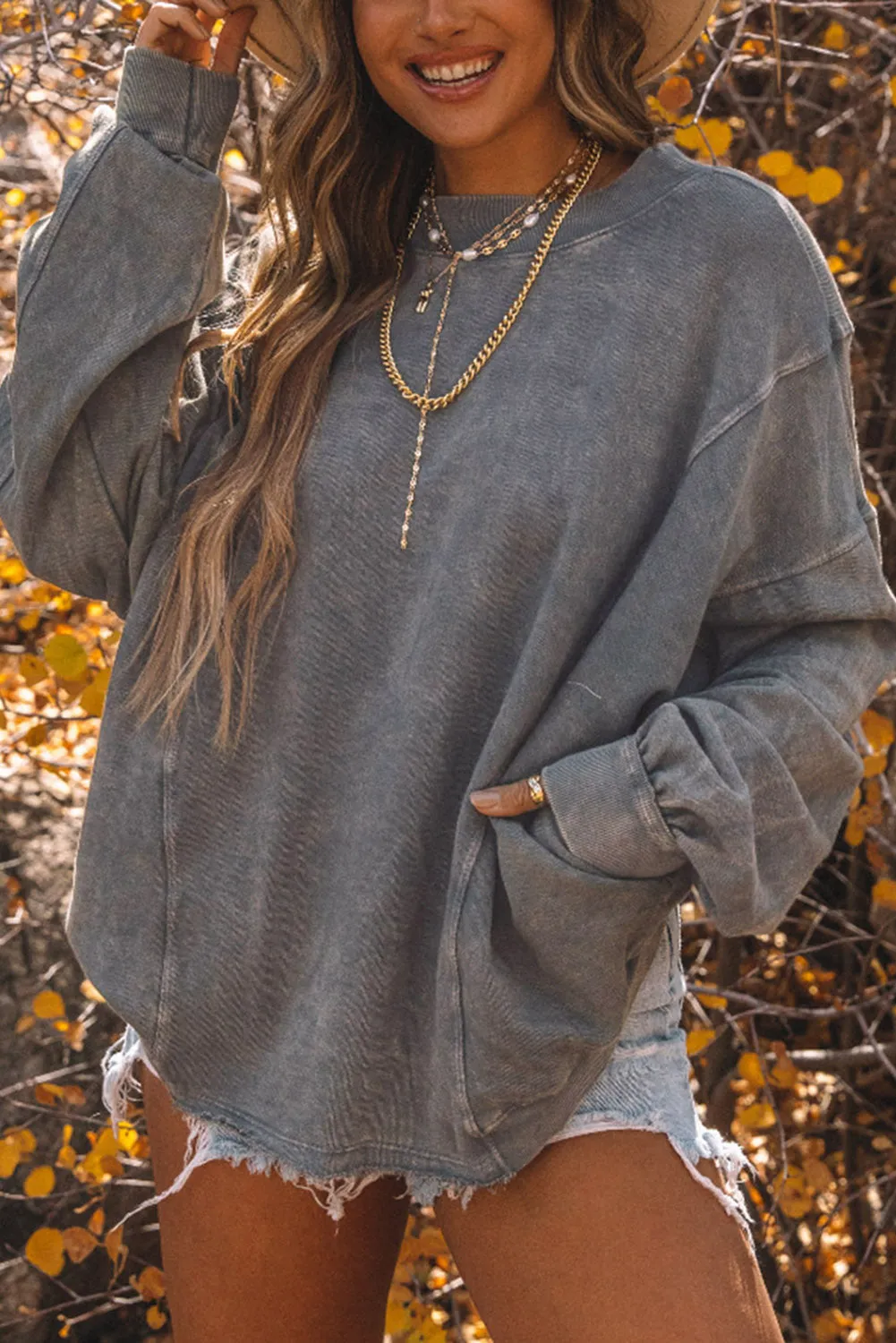 BerryBetty - Gray Exposed Seam Twist Open Back Oversized Sweatshirt