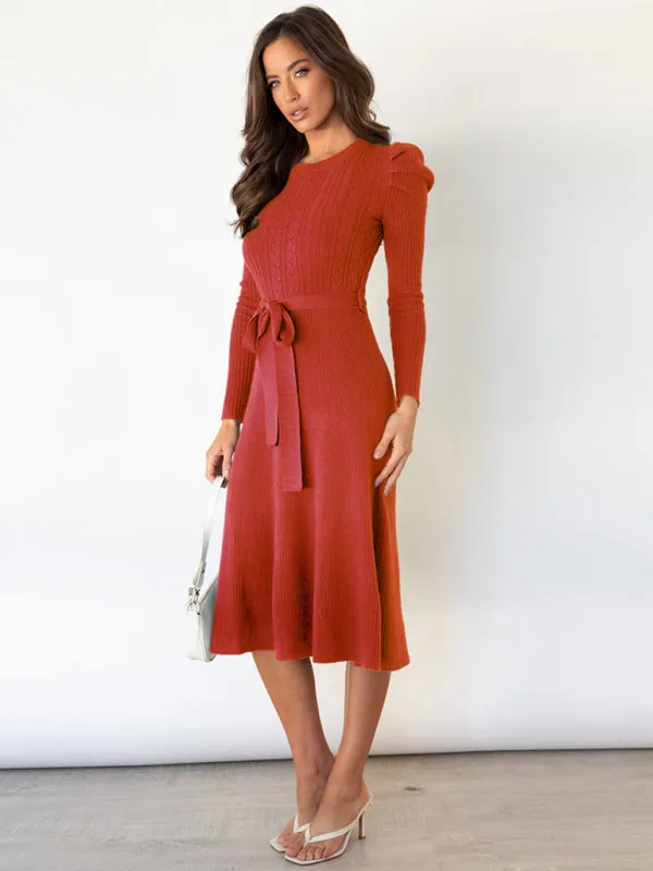 BerryBetty - Women's Crew Neck Ruffle Cable Knit Sweater Midi Dress
