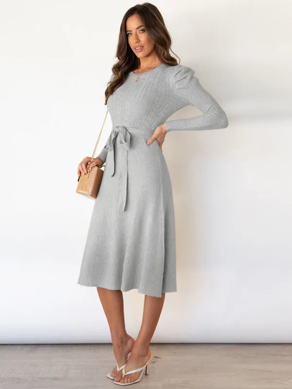 BerryBetty - Women's Crew Neck Ruffle Cable Knit Sweater Midi Dress