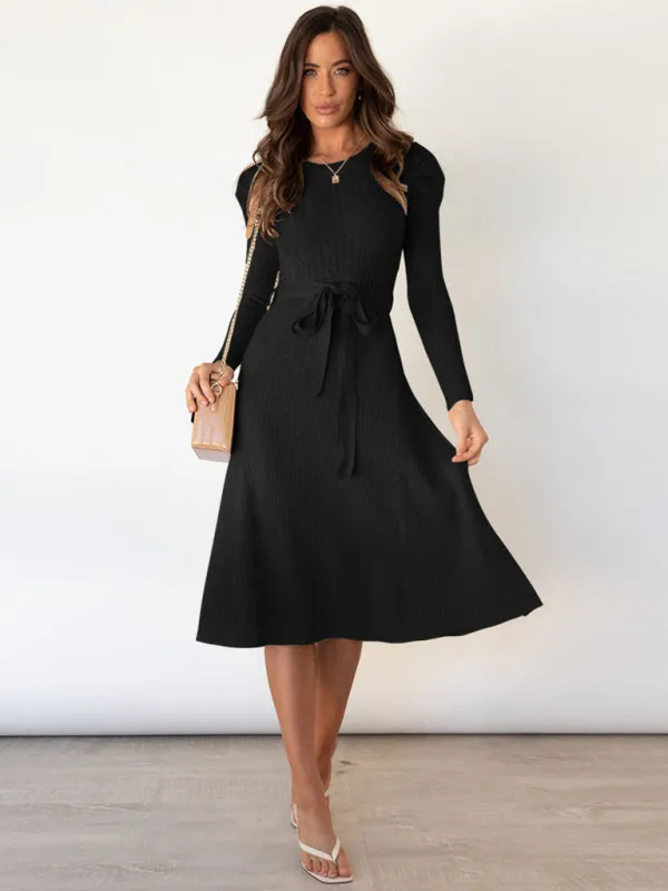 BerryBetty - Women's Crew Neck Ruffle Cable Knit Sweater Midi Dress