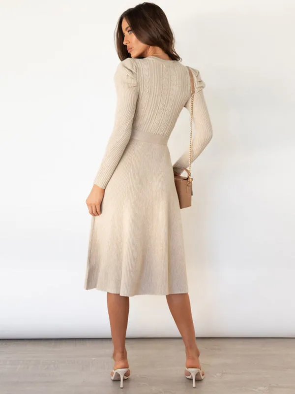 BerryBetty - Women's Crew Neck Ruffle Cable Knit Sweater Midi Dress