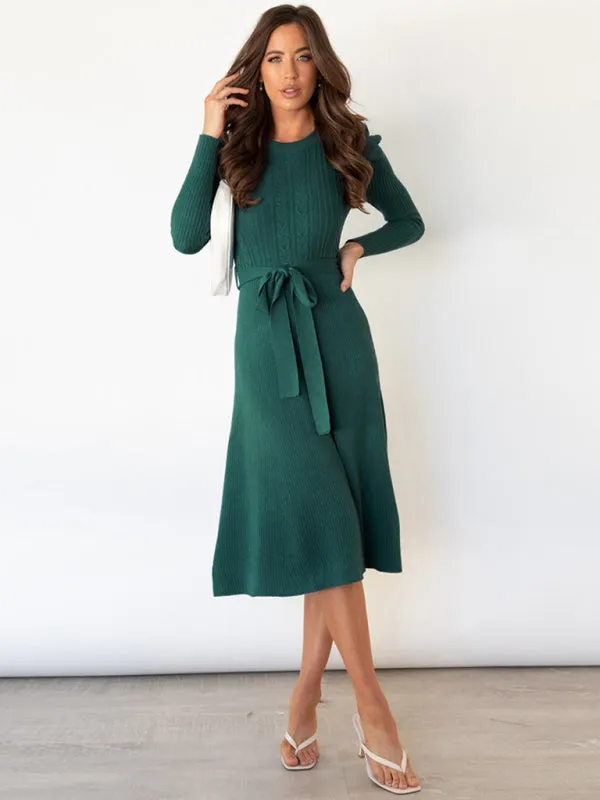 BerryBetty - Women's Crew Neck Ruffle Cable Knit Sweater Midi Dress