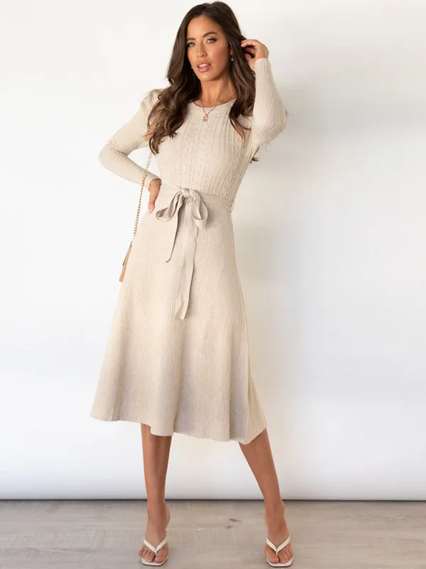 BerryBetty - Women's Crew Neck Ruffle Cable Knit Sweater Midi Dress