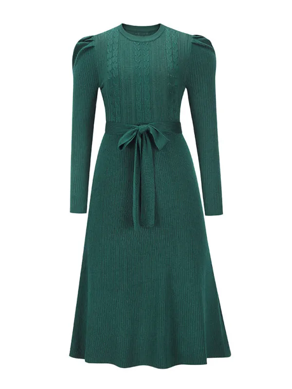 BerryBetty - Women's Crew Neck Ruffle Cable Knit Sweater Midi Dress