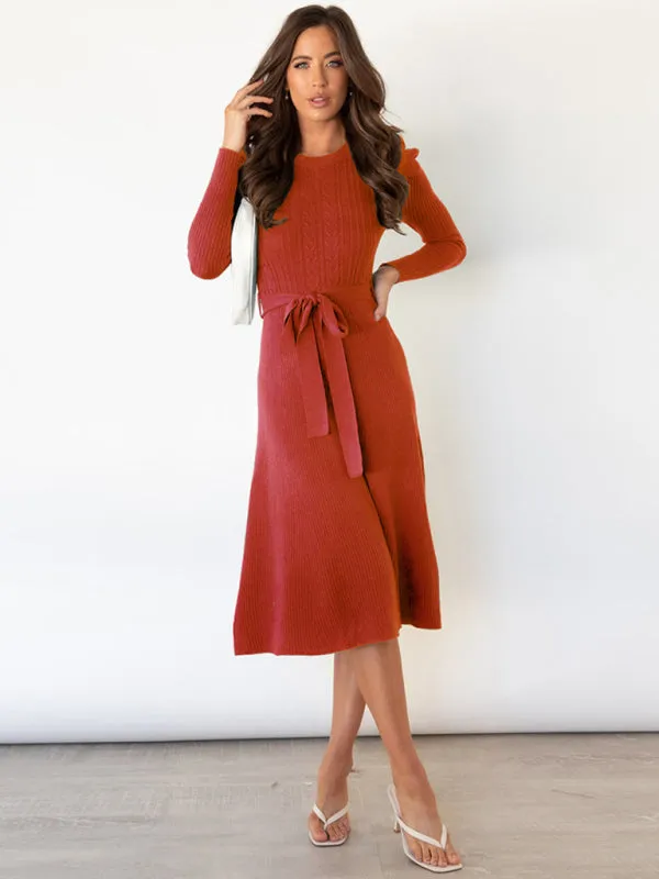 BerryBetty - Women's Crew Neck Ruffle Cable Knit Sweater Midi Dress