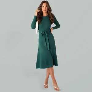 BerryBetty - Women's Crew Neck Ruffle Cable Knit Sweater Midi Dress