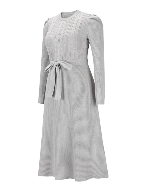 BerryBetty - Women's Crew Neck Ruffle Cable Knit Sweater Midi Dress