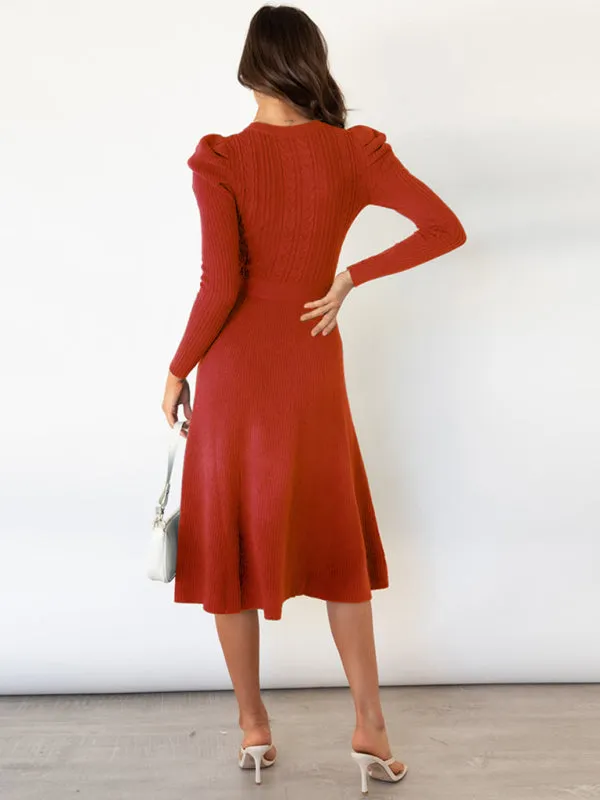 BerryBetty - Women's Crew Neck Ruffle Cable Knit Sweater Midi Dress