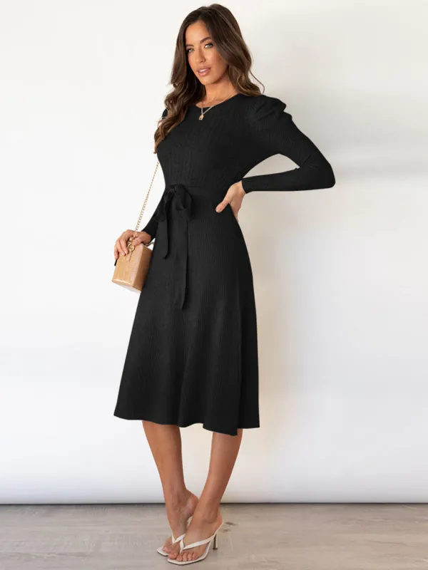 BerryBetty - Women's Crew Neck Ruffle Cable Knit Sweater Midi Dress