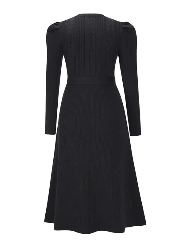 BerryBetty - Women's Crew Neck Ruffle Cable Knit Sweater Midi Dress