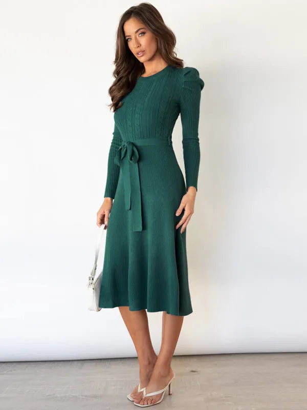 BerryBetty - Women's Crew Neck Ruffle Cable Knit Sweater Midi Dress