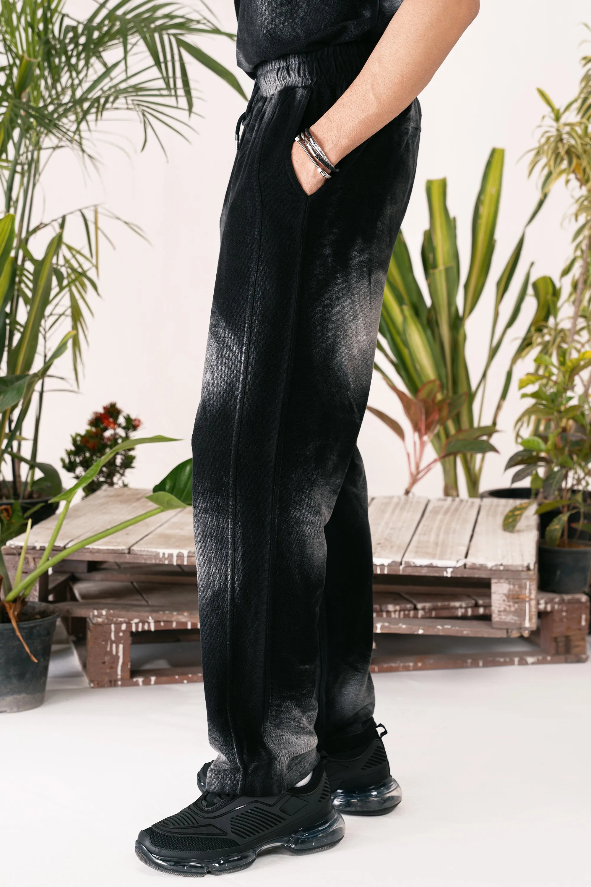 Black Acid Wash Wide Leg Trousers
