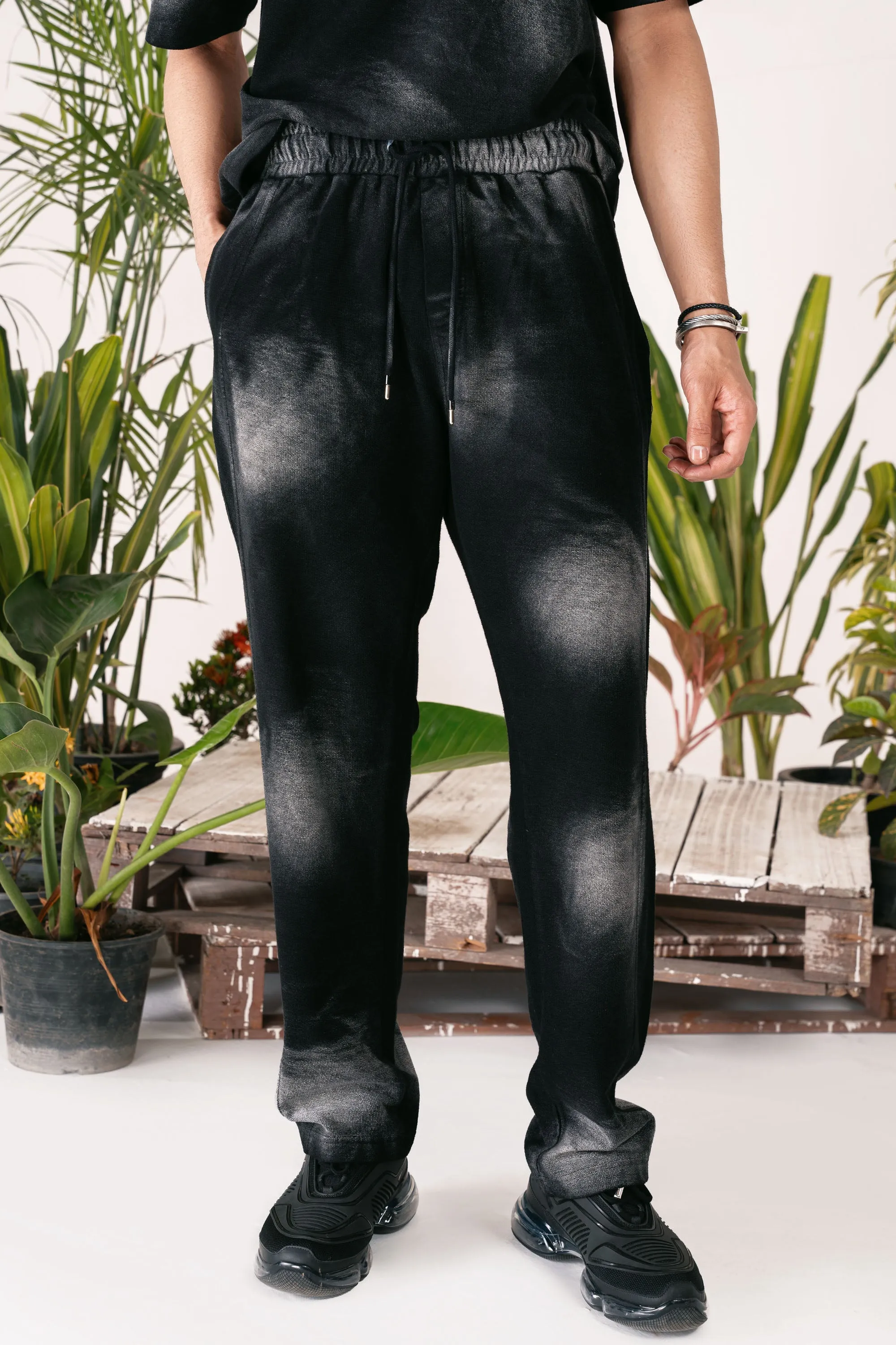 Black Acid Wash Wide Leg Trousers