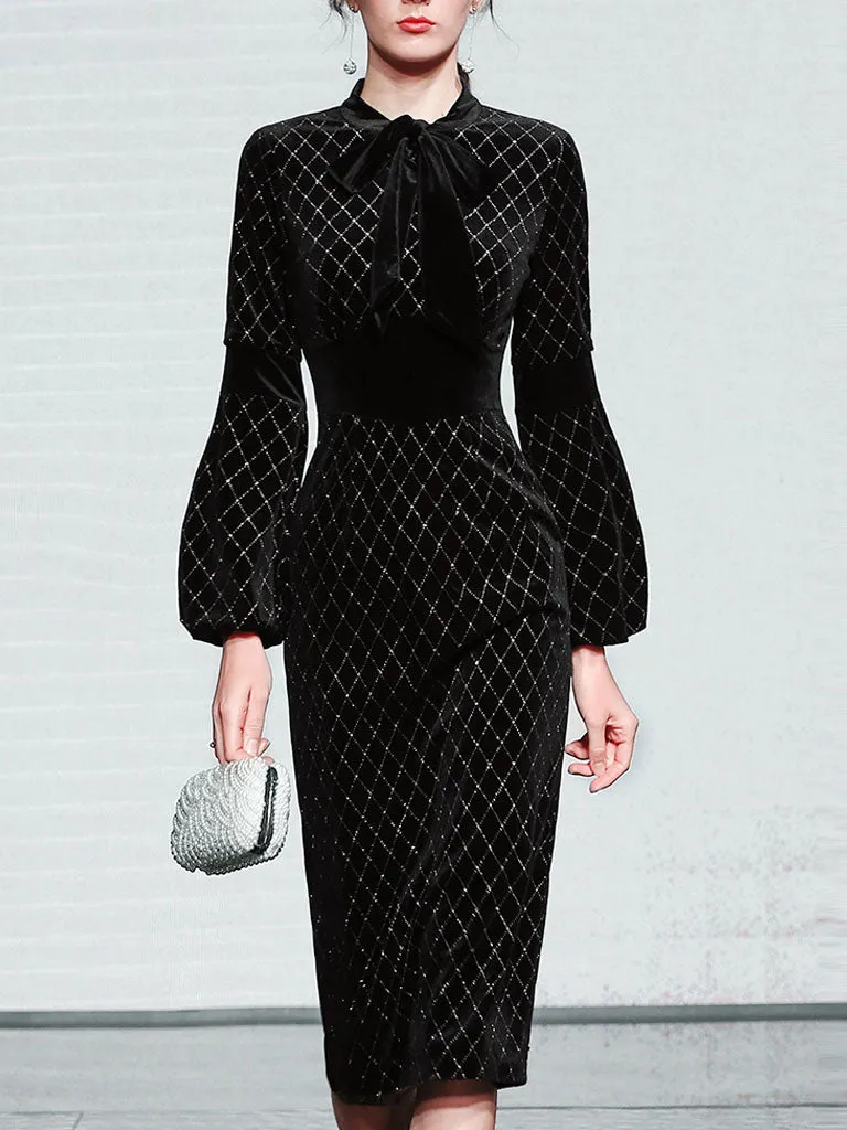 Black Bow Collar Long Lantern Sleeve Drilling Velvet 1960S Dress