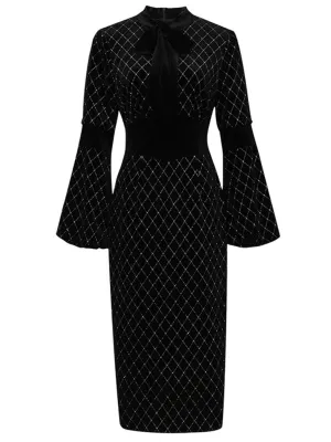 Black Bow Collar Long Lantern Sleeve Drilling Velvet 1960S Dress