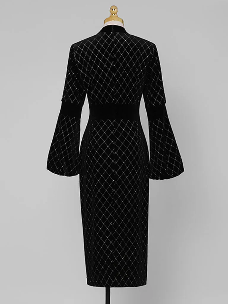 Black Bow Collar Long Lantern Sleeve Drilling Velvet 1960S Dress
