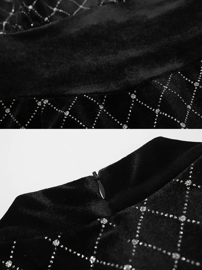 Black Bow Collar Long Lantern Sleeve Drilling Velvet 1960S Dress