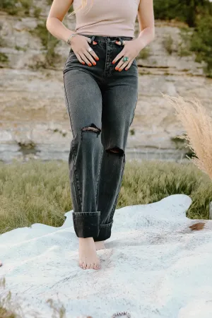Black Distressed Wide-Leg Jeans